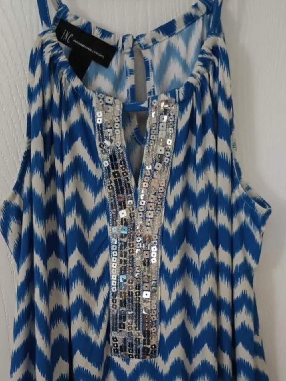INC International Concepts Blue Chevron zig zag Sequin-Trim Sleeveless  Tank Top